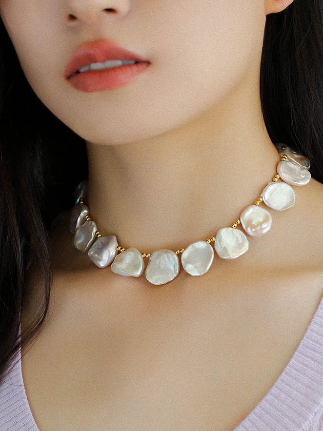 Natural Large Petal Baroque Pearl Necklace with Gold Bean - floysun