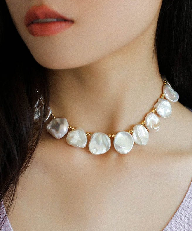 Natural Large Petal Baroque Pearl Necklace with Gold Bean - floysun