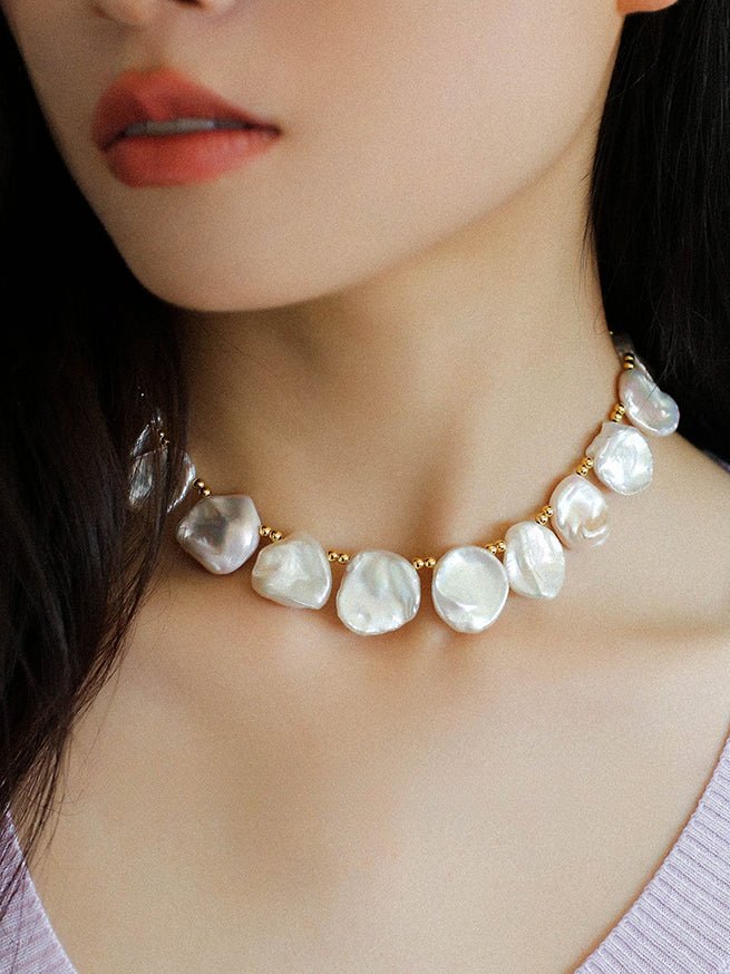 Natural Large Petal Baroque Pearl Necklace with Gold Bean - floysun