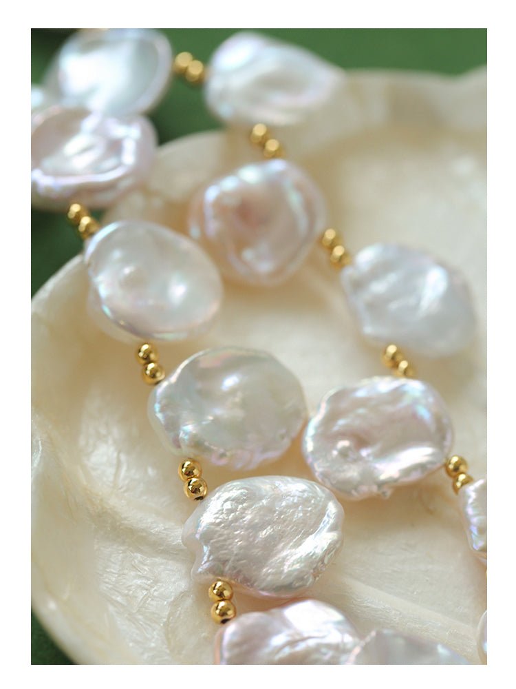 Natural Large Petal Baroque Pearl Necklace with Gold Bean - floysun