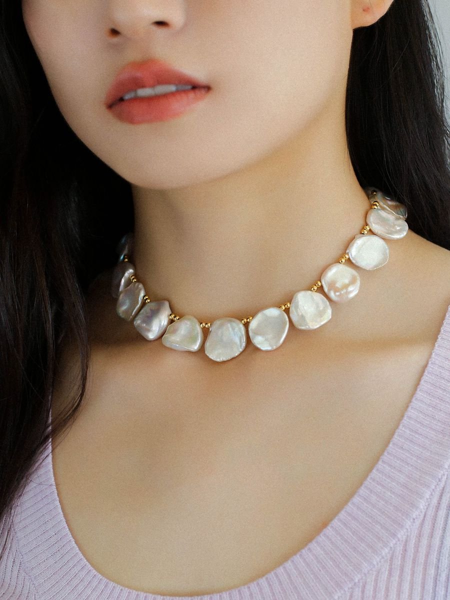 Natural Large Petal Baroque Pearl Necklace with Gold Bean - floysun