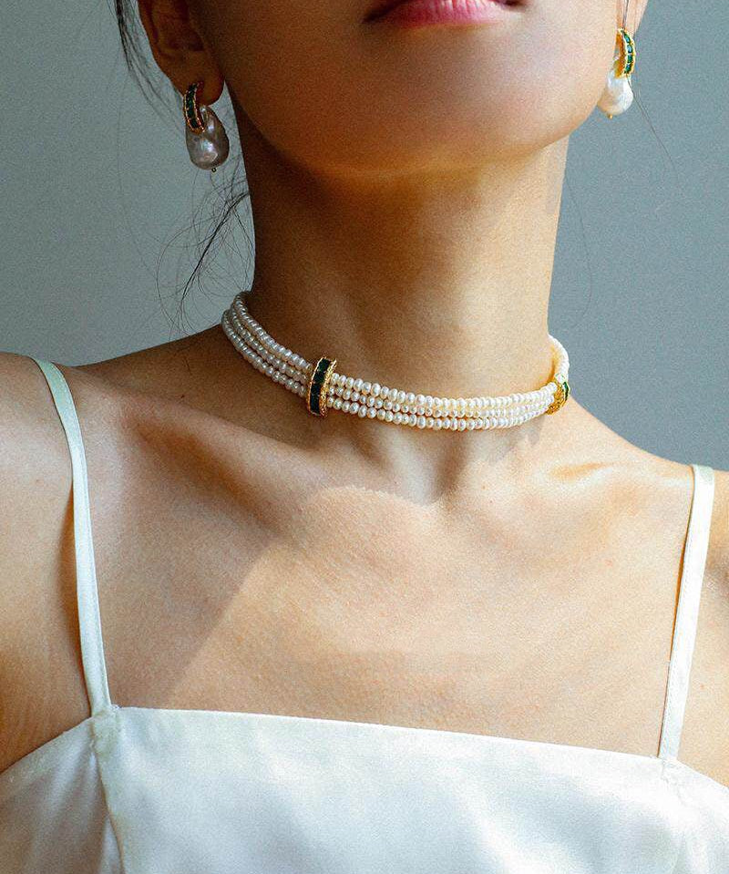 Natural Seed Pearl Multi - layer Emerald Necklace Choker - floysun