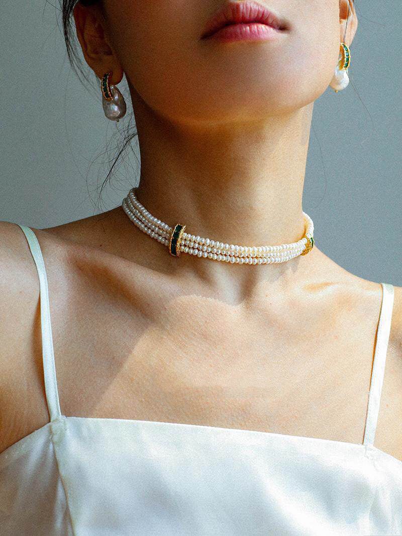 Natural Seed Pearl Multi - layer Emerald Necklace Choker - floysun