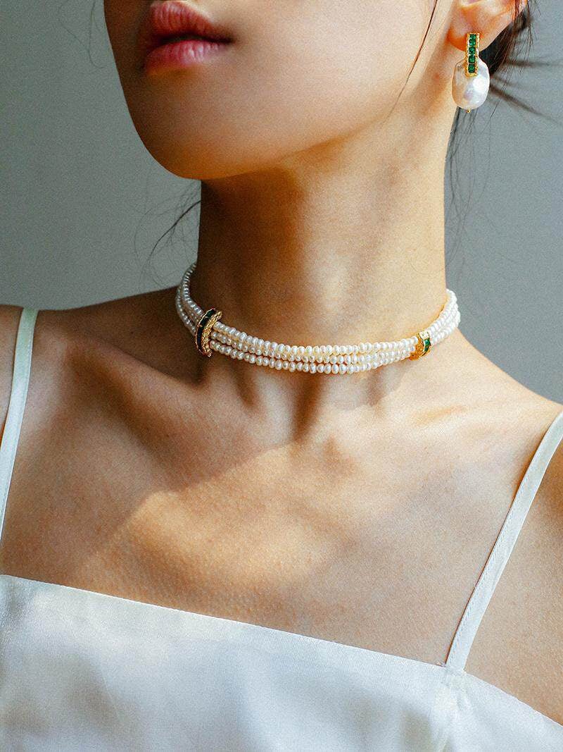 Natural Seed Pearl Multi - layer Emerald Necklace Choker - floysun