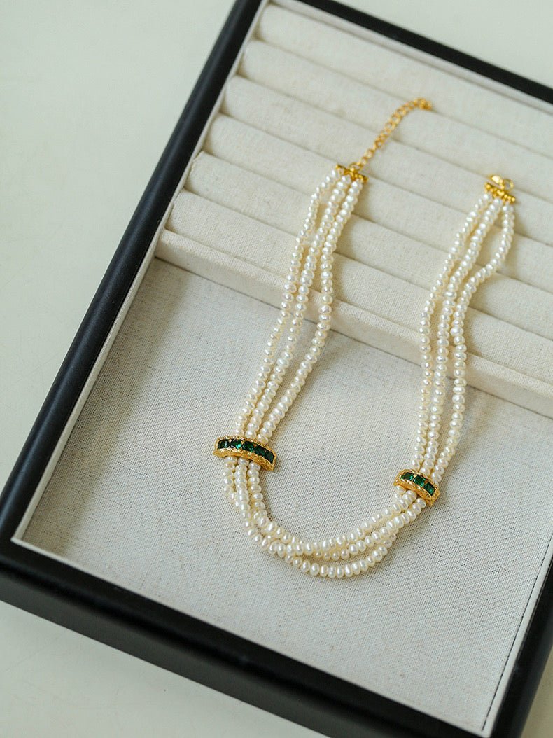 Natural Seed Pearl Multi - layer Emerald Necklace Choker - floysun