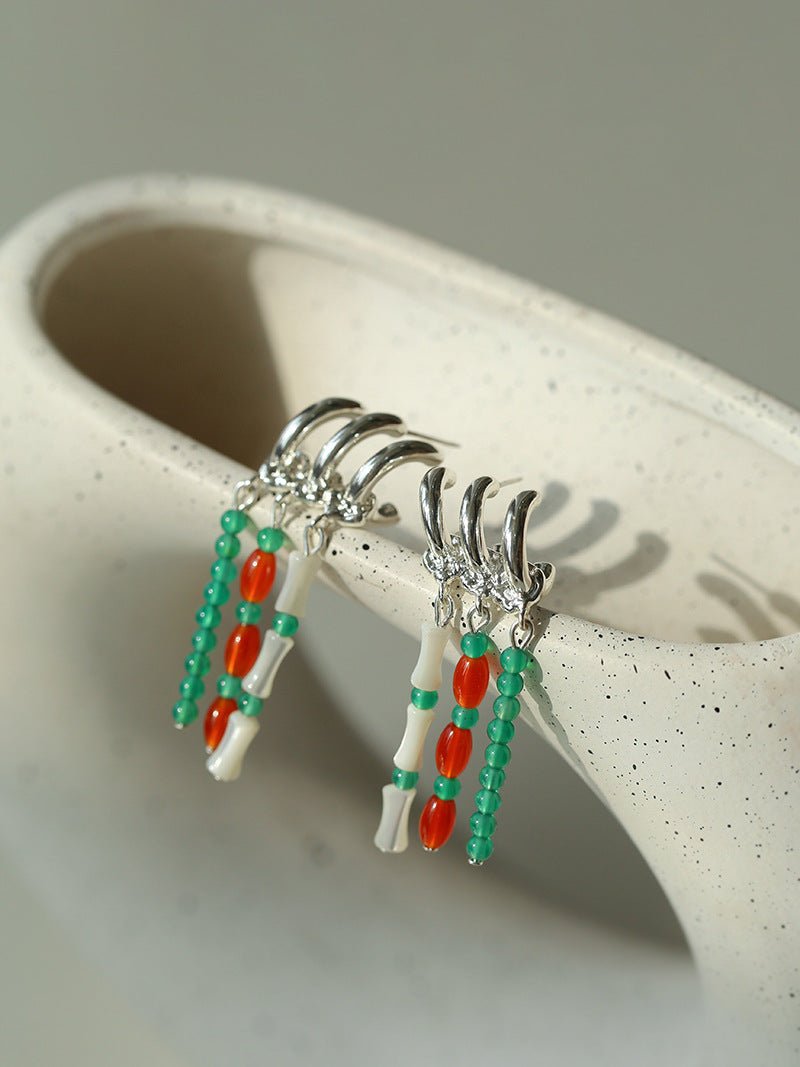 New Chinese Style Bamboo Aventurine Commuting Three - Layer Earrings - floysun