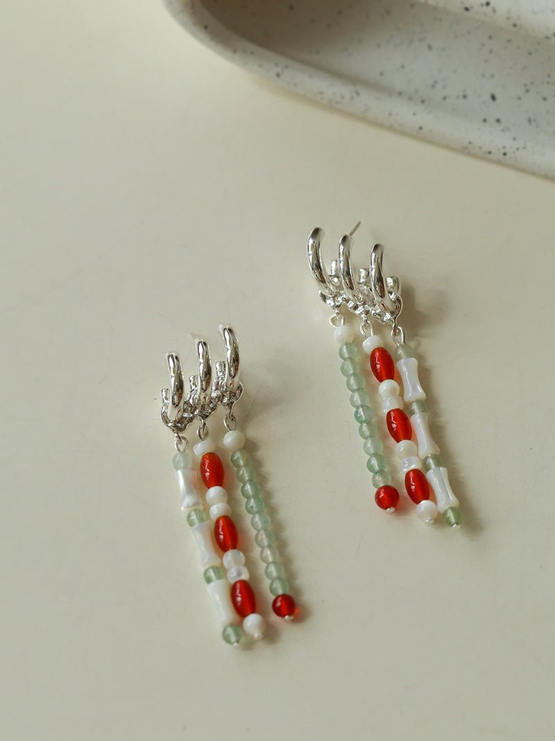 New Chinese Style Bamboo Aventurine Commuting Three - Layer Earrings - floysun