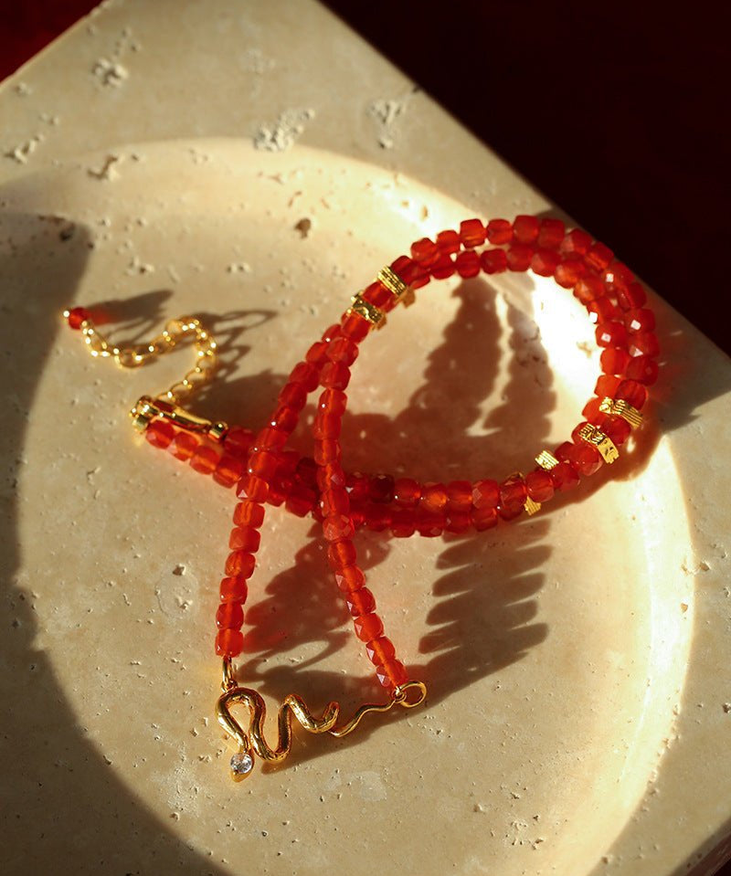 New Year Red Agate Snake Beaded Necklace - floysun