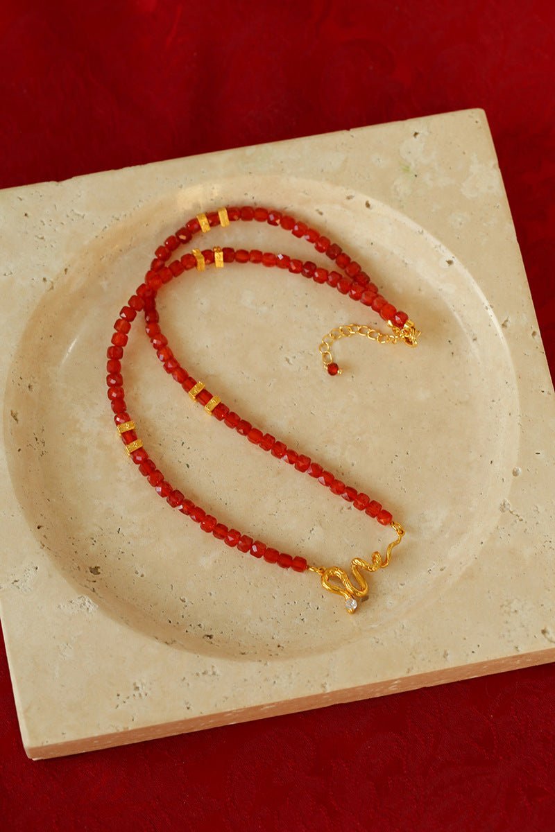 New Year Red Agate Snake Beaded Necklace - floysun