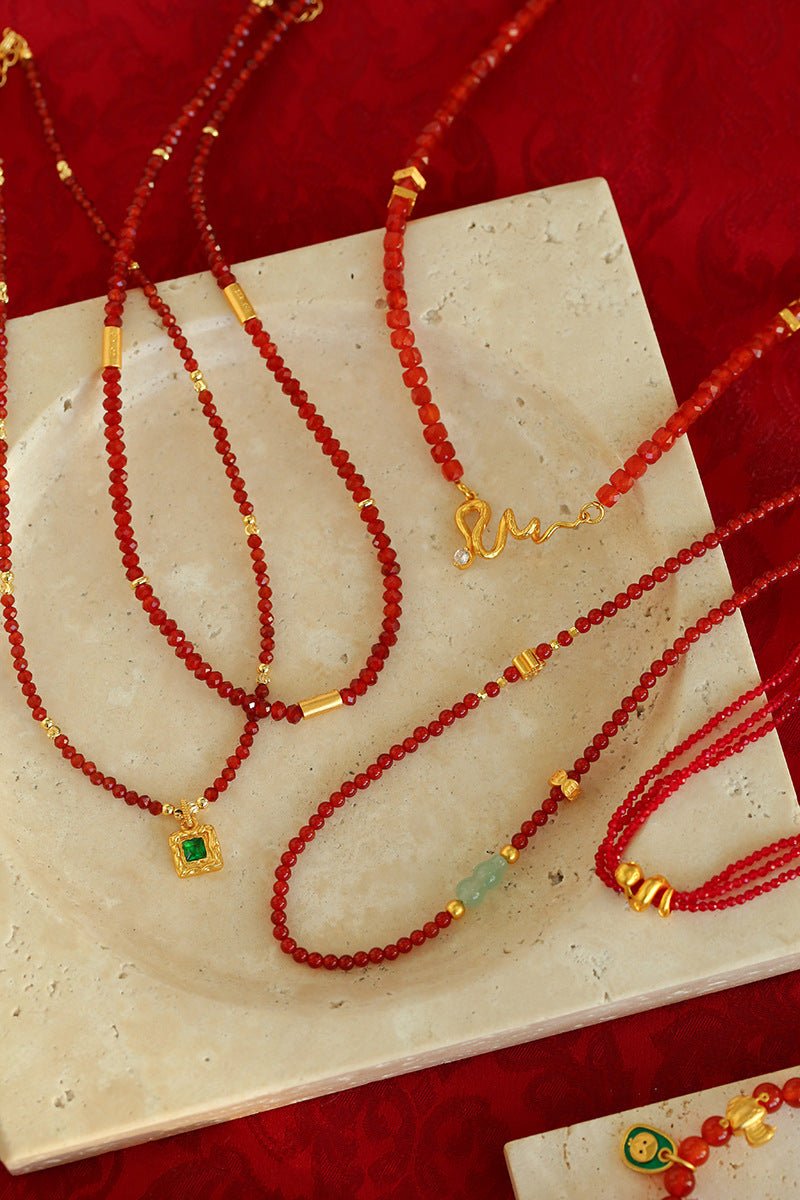 New Year Red Agate Snake Beaded Necklace - floysun