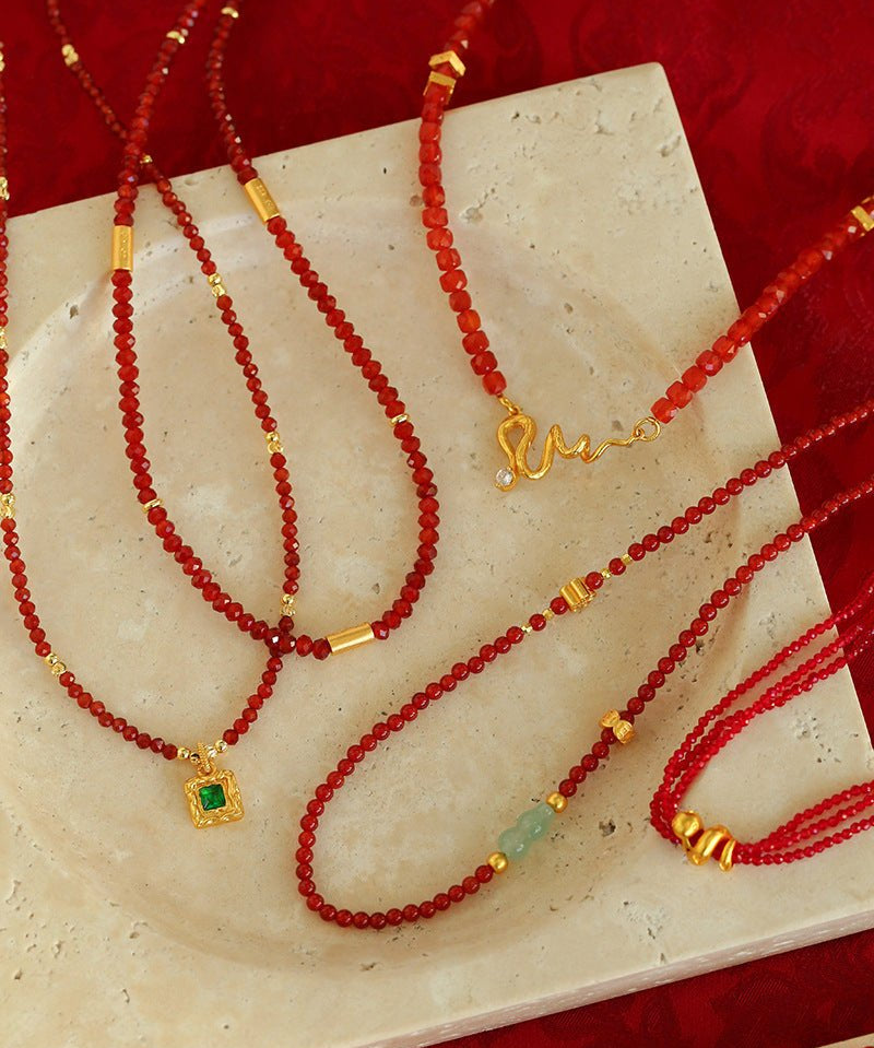 New Year Red Agate Snake Beaded Necklace - floysun