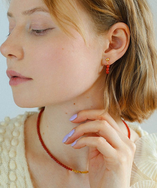 New Year's Red Agate Stone Beaded Earrings - floysun