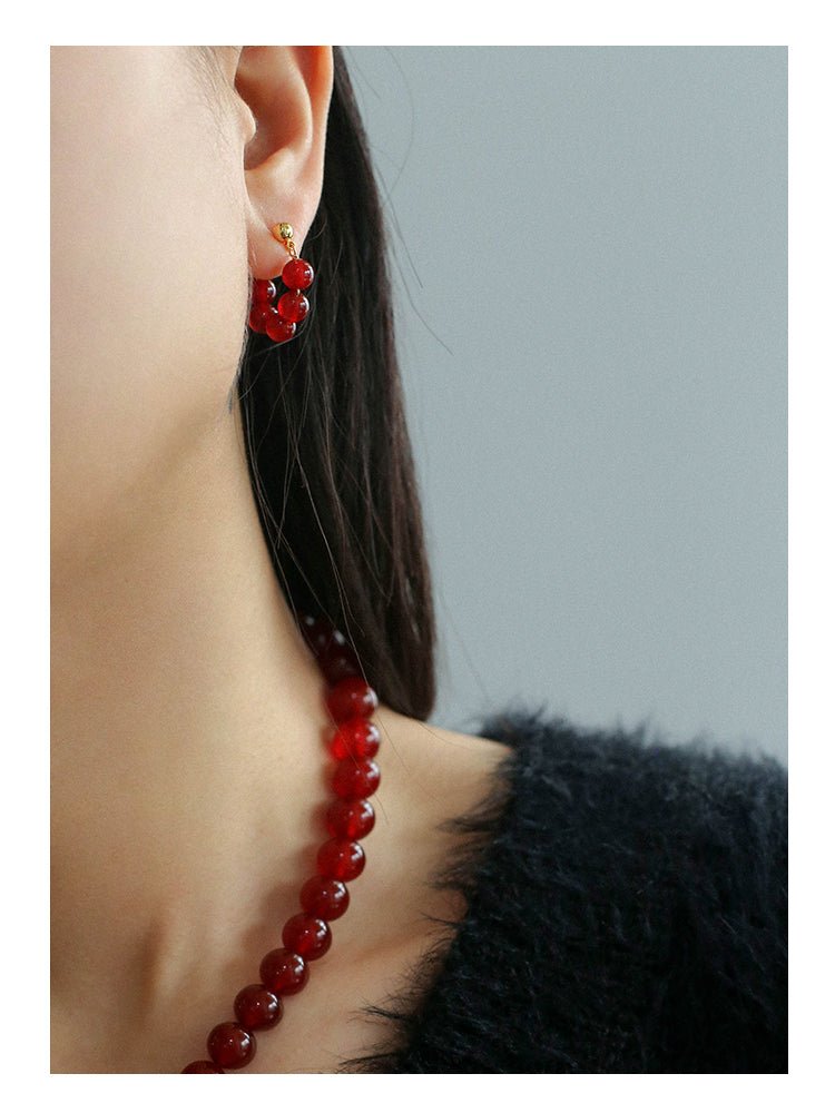 New Year's Red Agate Stone Beaded Earrings - floysun