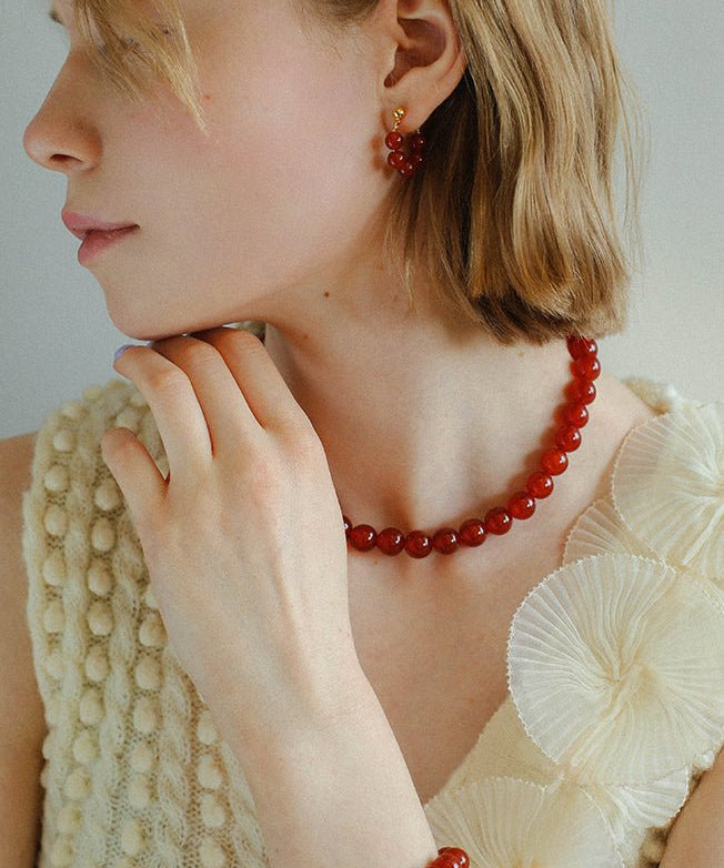 New Year's Red Agate Stone Beaded Earrings - floysun