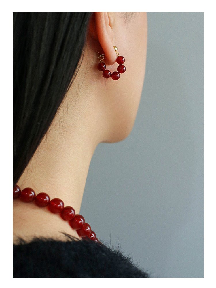 New Year's Red Agate Stone Beaded Earrings - floysun