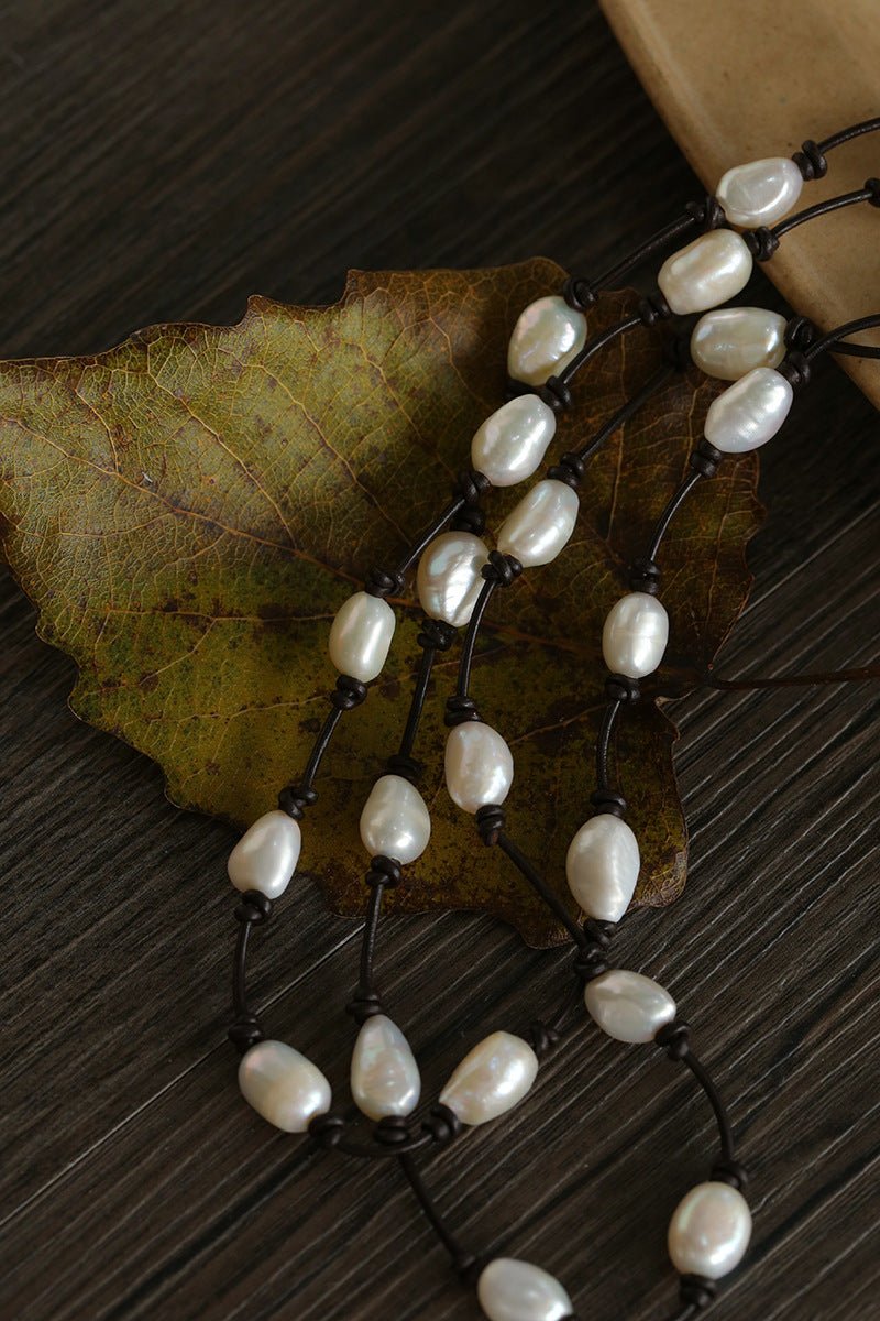 Niche Long Knotted Leather Pearl Long Necklace - floysun