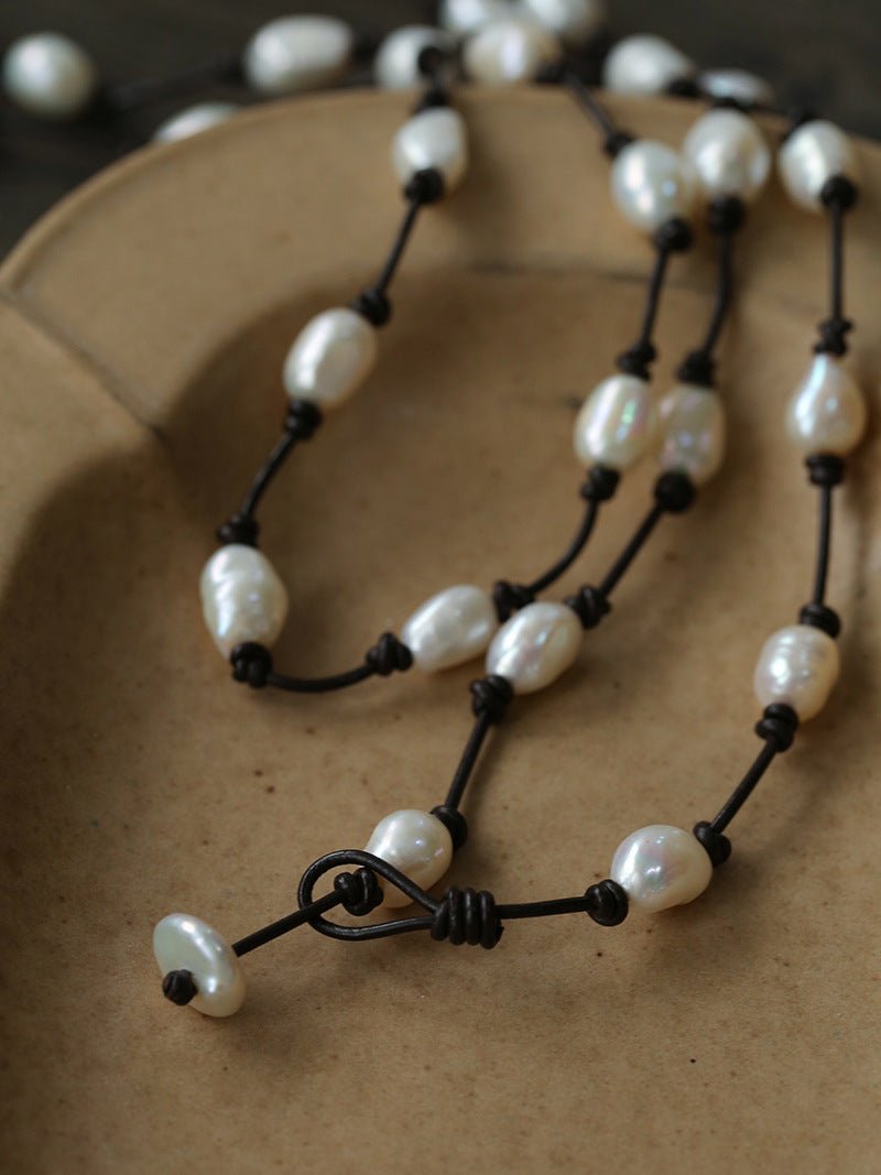 Niche Long Knotted Leather Pearl Long Necklace - floysun