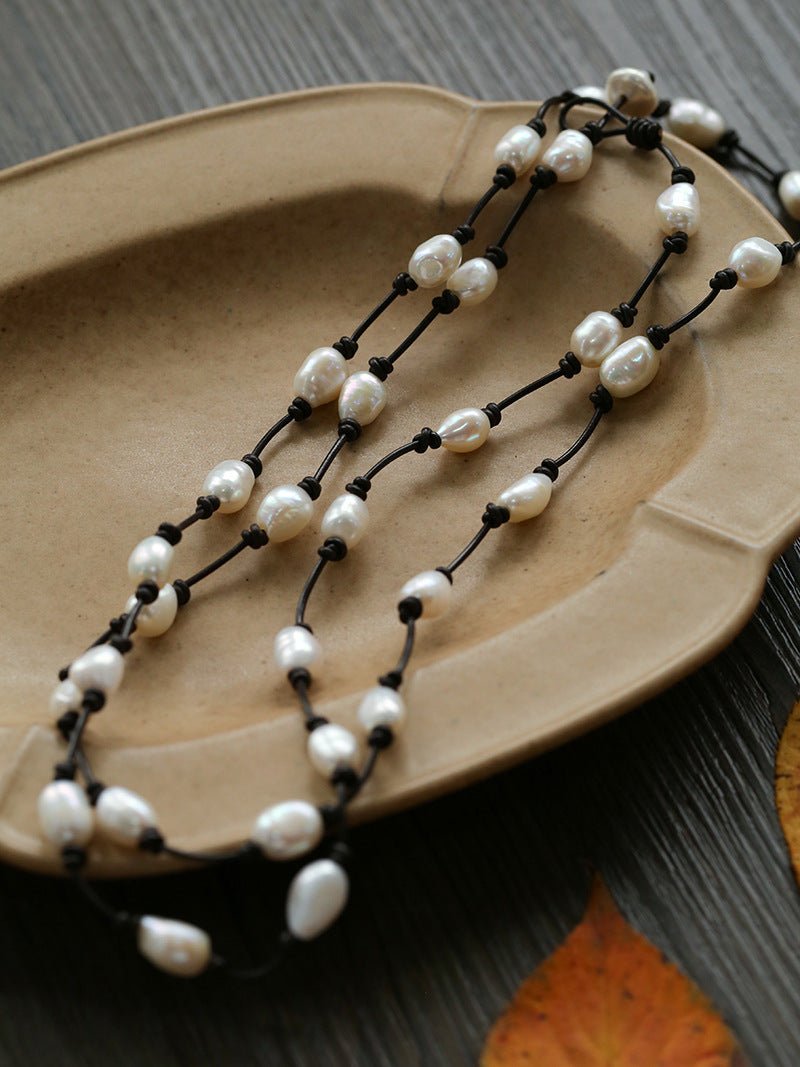 Niche Long Knotted Leather Pearl Long Necklace - floysun