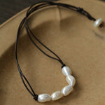 Niche Long Knotted Leather Pearl Short Necklace - floysun