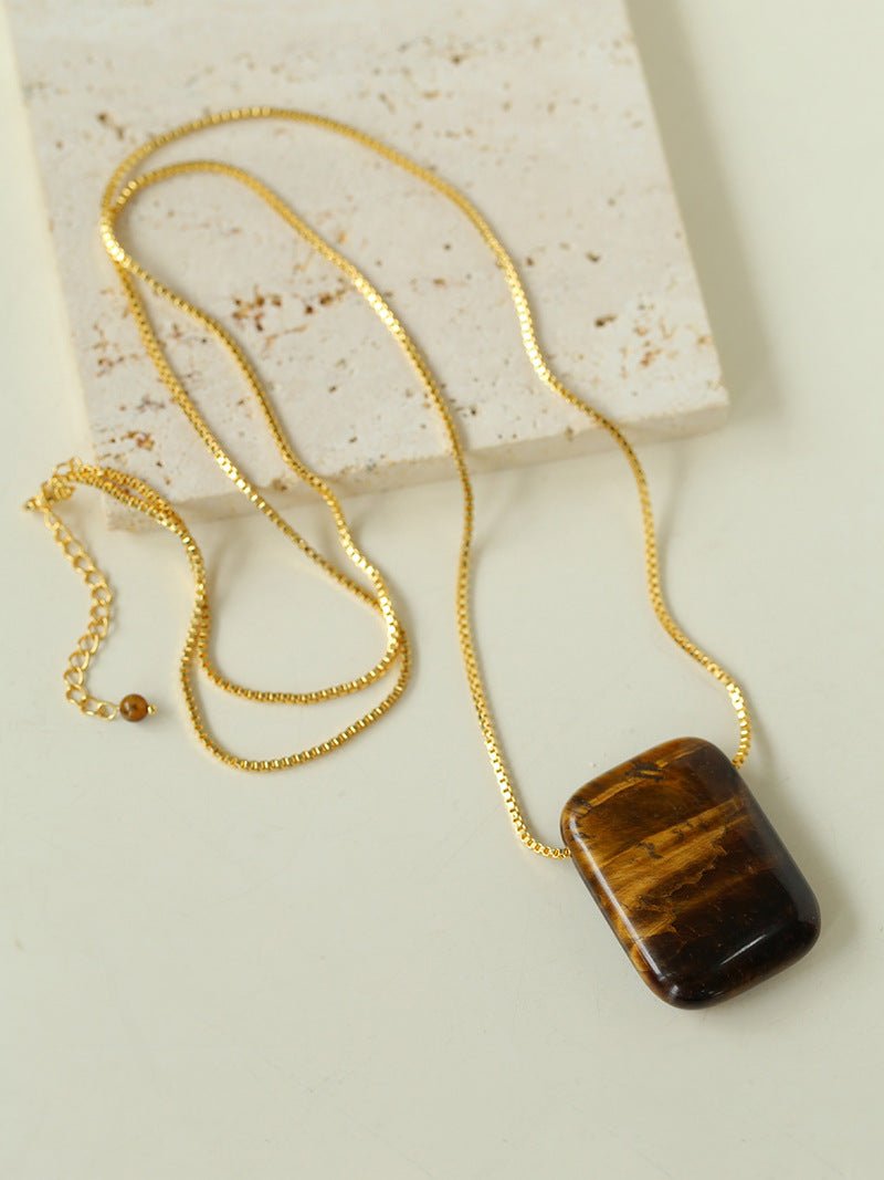 Niche Square Tiger's Eye Stone Long Chain Necklace - floysun