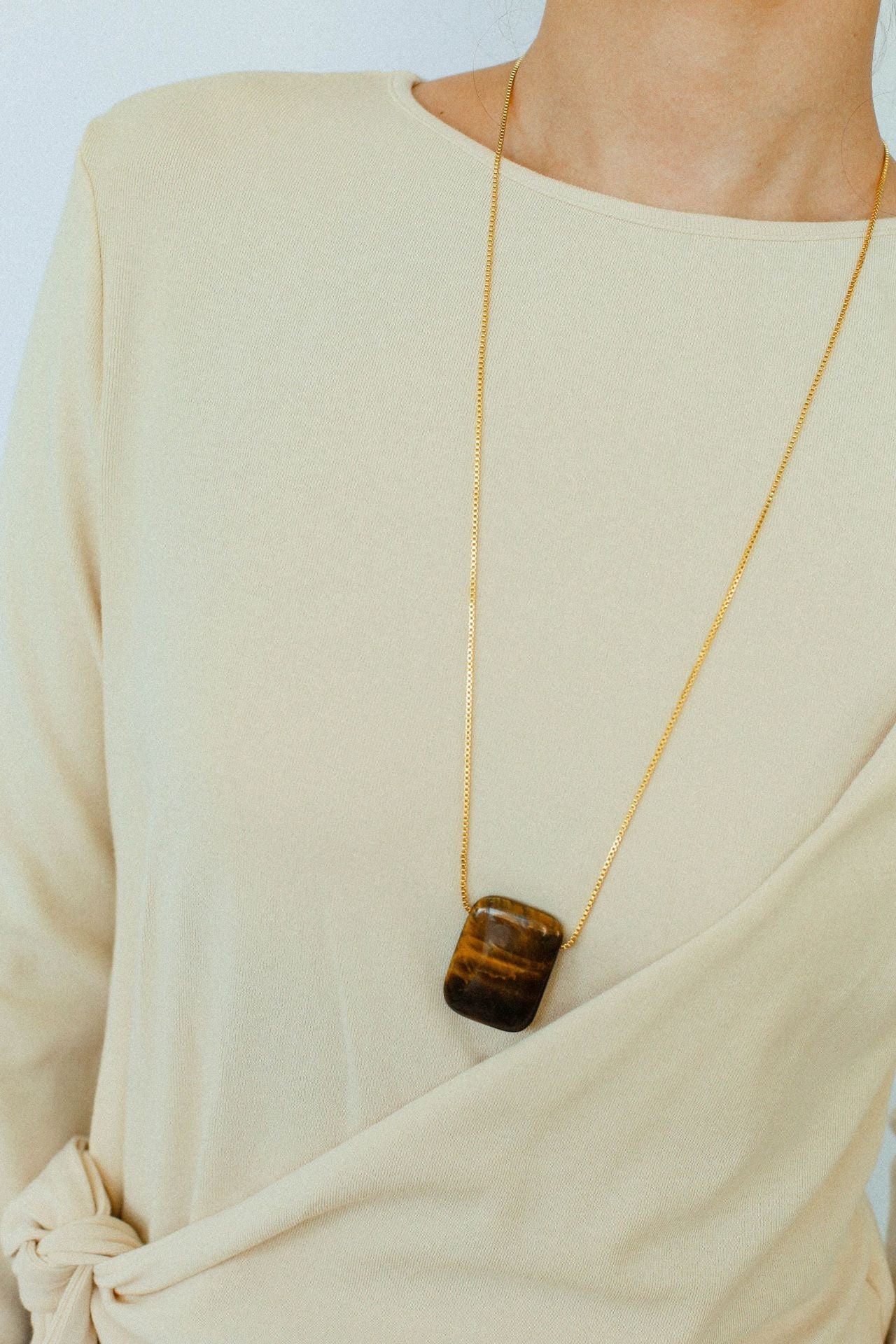 Niche Square Tiger's Eye Stone Long Chain Necklace - floysun