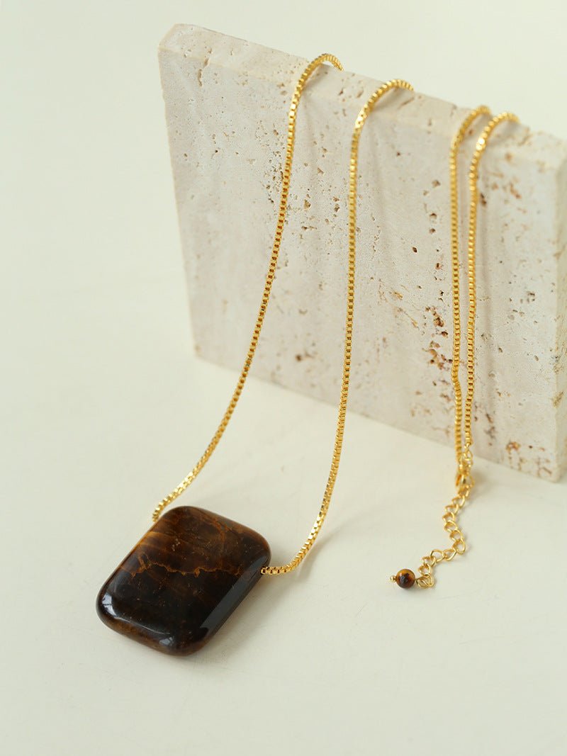 Niche Square Tiger's Eye Stone Long Chain Necklace - floysun