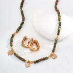 Olive Green Gemstone Beaded Small Leaf Pendant Necklace - floysun