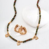 Olive Green Gemstone Beaded Small Leaf Pendant Necklace - floysun