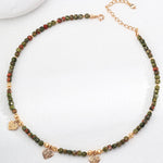 Olive Green Gemstone Beaded Small Leaf Pendant Necklace - floysun