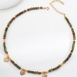 Olive Green Gemstone Beaded Small Leaf Pendant Necklace - floysun