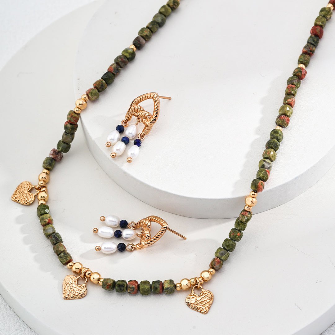 Olive Green Gemstone Beaded Small Leaf Pendant Necklace - floysun