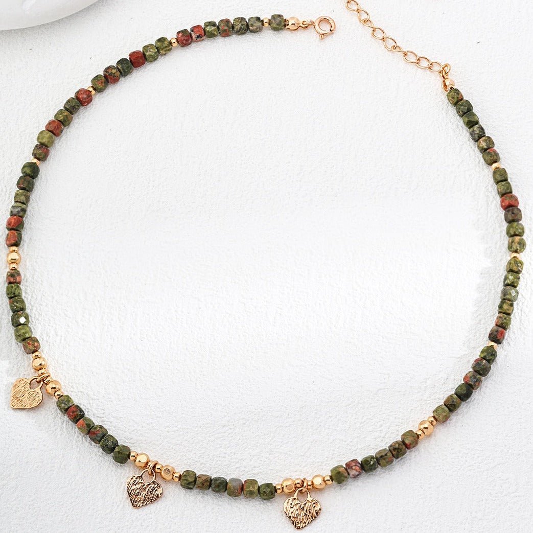 Olive Green Gemstone Beaded Small Leaf Pendant Necklace - floysun