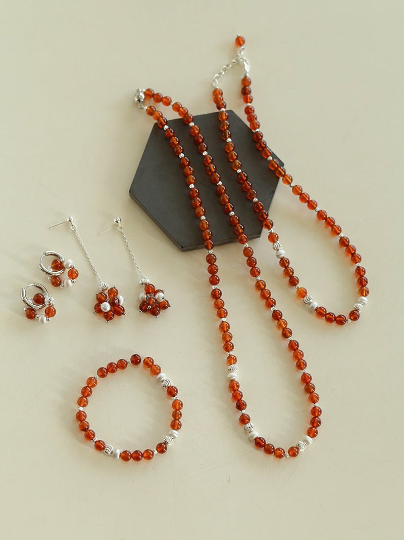 Orange Red Garnet Cat's Eye Silver Beaded Bracelets - floysun