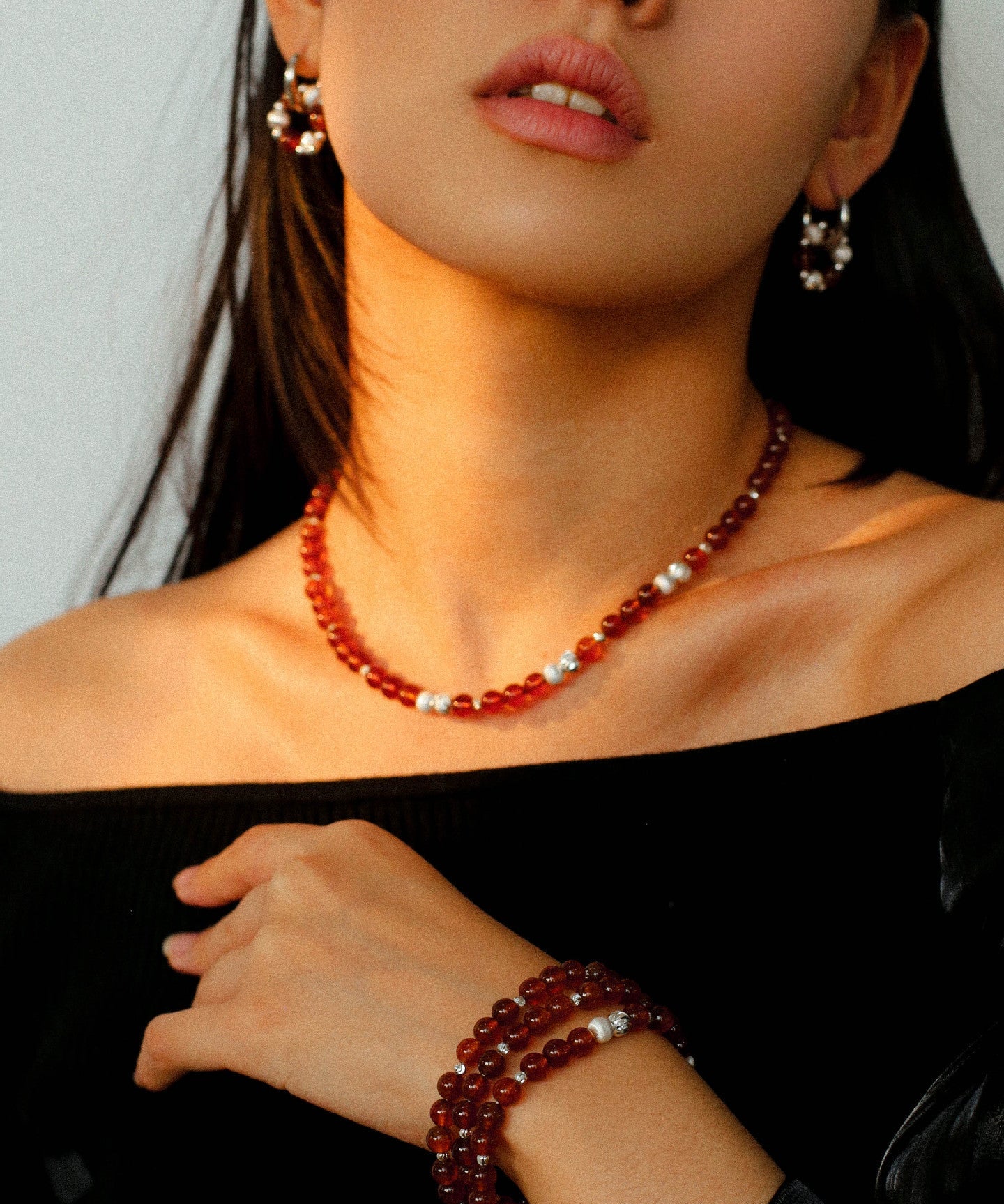 Orange Red Garnet Cat's Eye Silver Beaded Bracelets - floysun