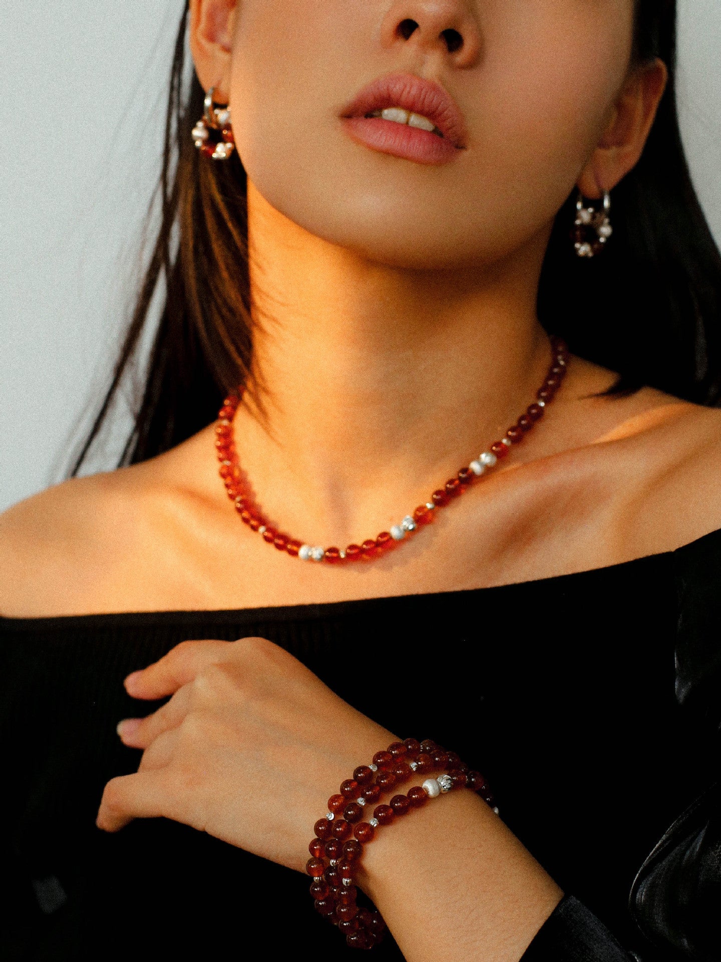 Orange Red Garnet Cat's Eye Silver Beaded Bracelets - floysun