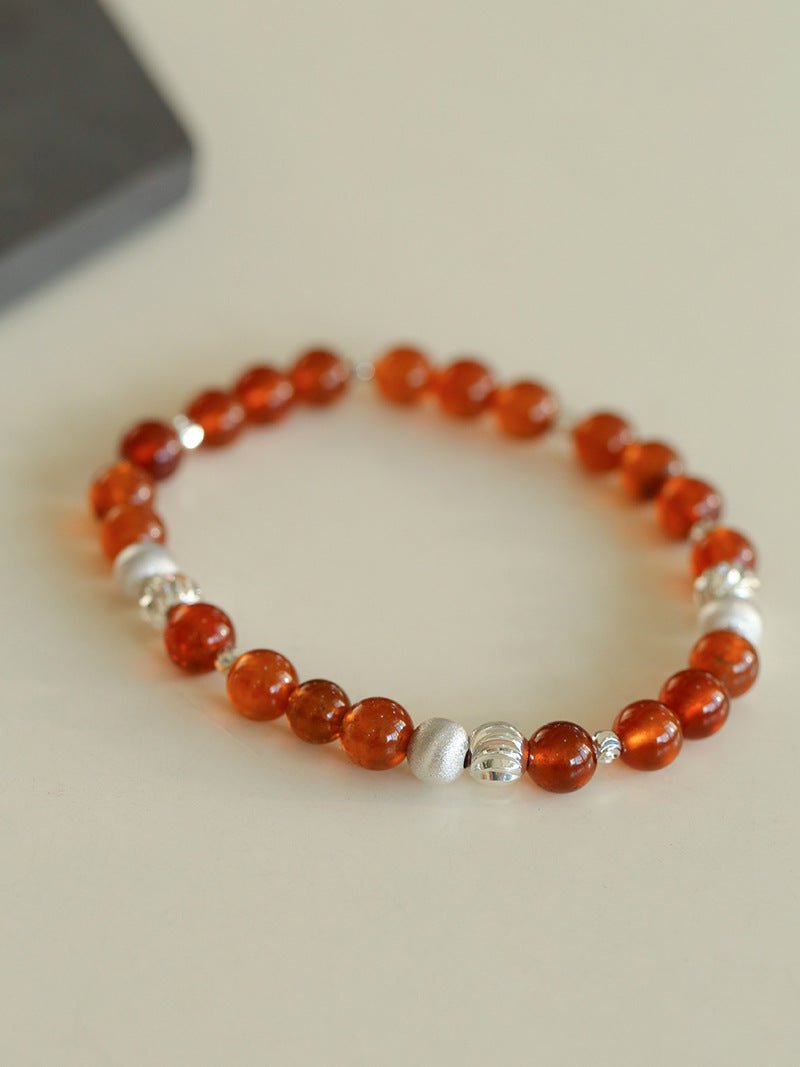 Orange Red Garnet Cat's Eye Silver Beaded Bracelets - floysun