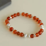 Orange Red Garnet Cat's Eye Silver Beaded Bracelets - floysun