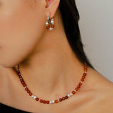 Orange Red Garnet Cat's Eye Silver Beaded Necklace - floysun