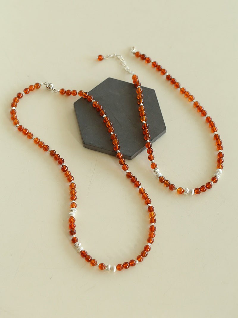 Orange Red Garnet Cat's Eye Silver Beaded Necklace - floysun