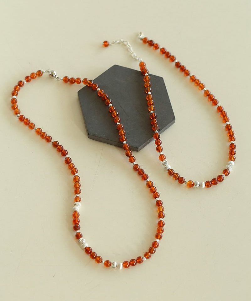 Orange Red Garnet Cat's Eye Silver Beaded Necklace - floysun