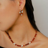 Orange Red Garnet Cat's Eye Silver Beaded Necklace - floysun