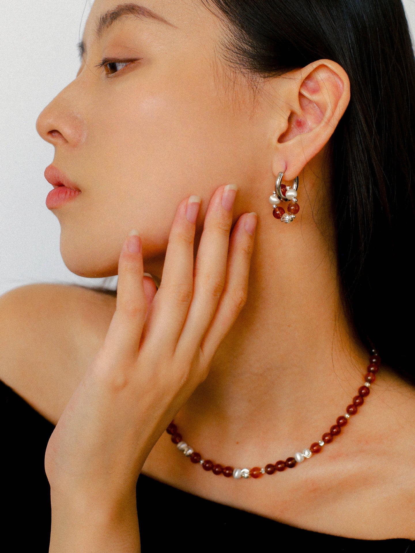 Orange Red Garnet Cat's Eye Silver Beaded Necklace - floysun