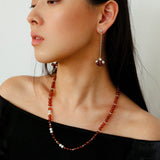 Orange Red Garnet Cat's Eye Silver Beaded Necklace - floysun