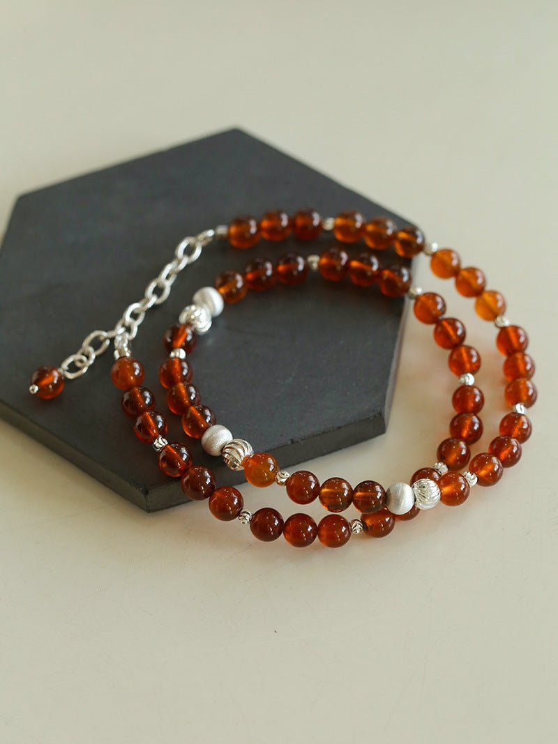 Orange Red Garnet Cat's Eye Silver Beaded Necklace - floysun