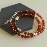 Orange Red Garnet Cat's Eye Silver Beaded Necklace - floysun