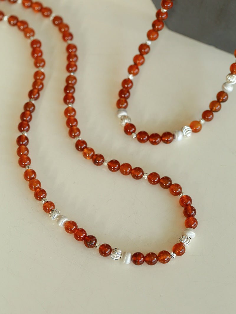 Orange Red Garnet Cat's Eye Silver Beaded Necklace - floysun