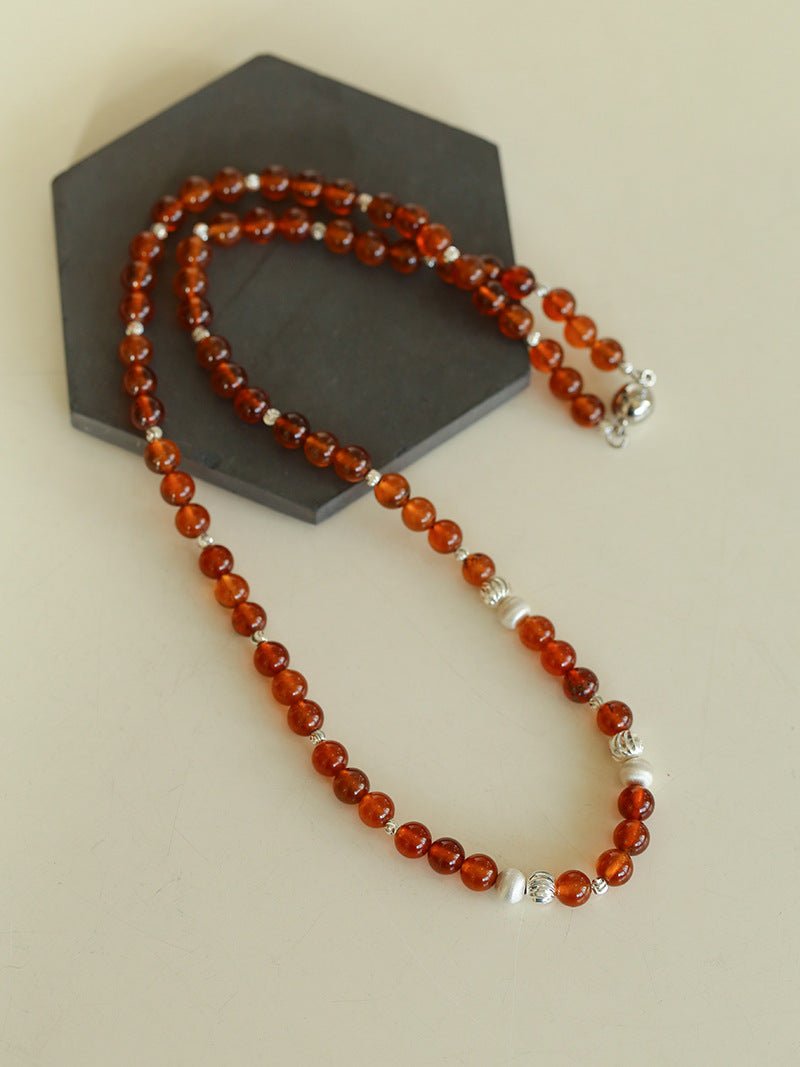 Orange Red Garnet Cat's Eye Silver Beaded Necklace - floysun