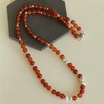 Orange Red Garnet Cat's Eye Silver Beaded Necklace - floysun