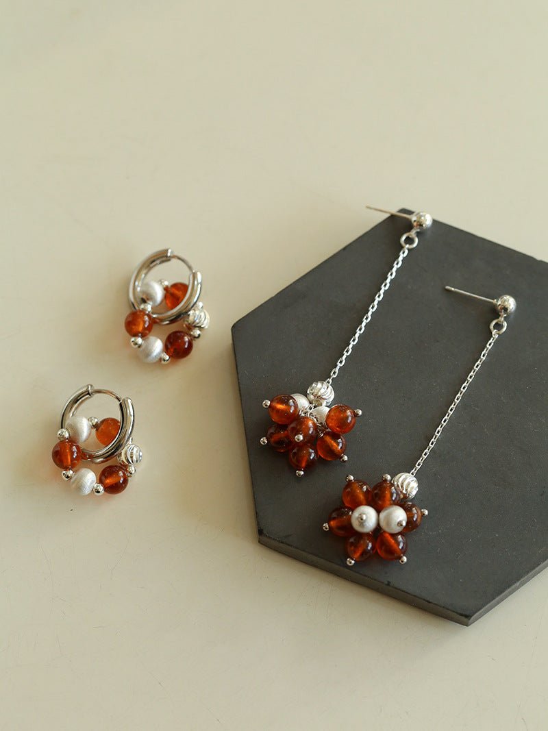 Orange Red Garnet Silver Hoops Earrings Long Drop Earrings - floysun