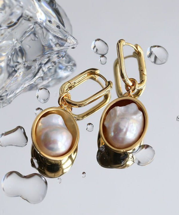 Oval Drop Baroque Shaped Pearl Earrings - floysun